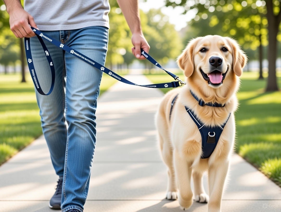 Dog getting walked, Paw Nutrition Leash and Collar navy blue combo
Leash (62 inches max length)
Small Collar (13.5 inches max length)
Large Collar (17.5 inches max length)
